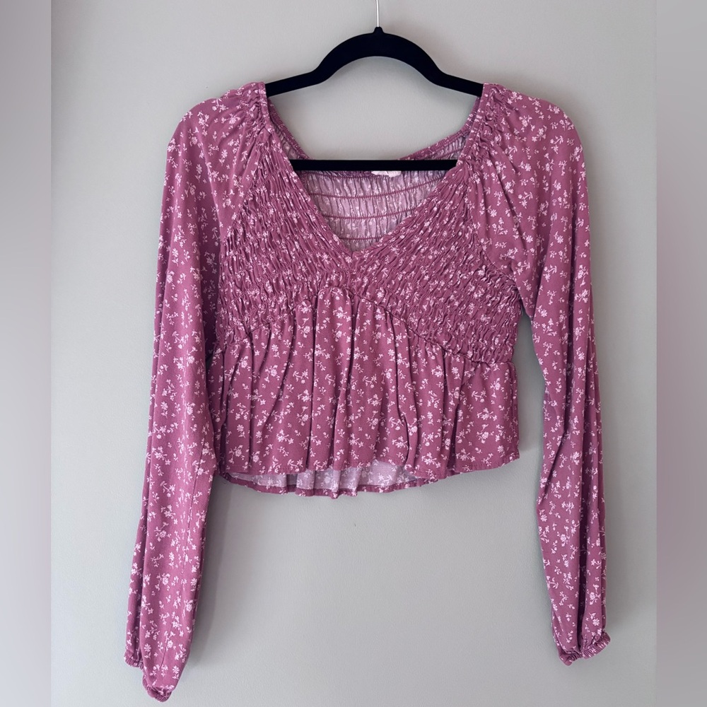 La Hearts Mauve Floral Smocked Blouse Ruched Womens Size small